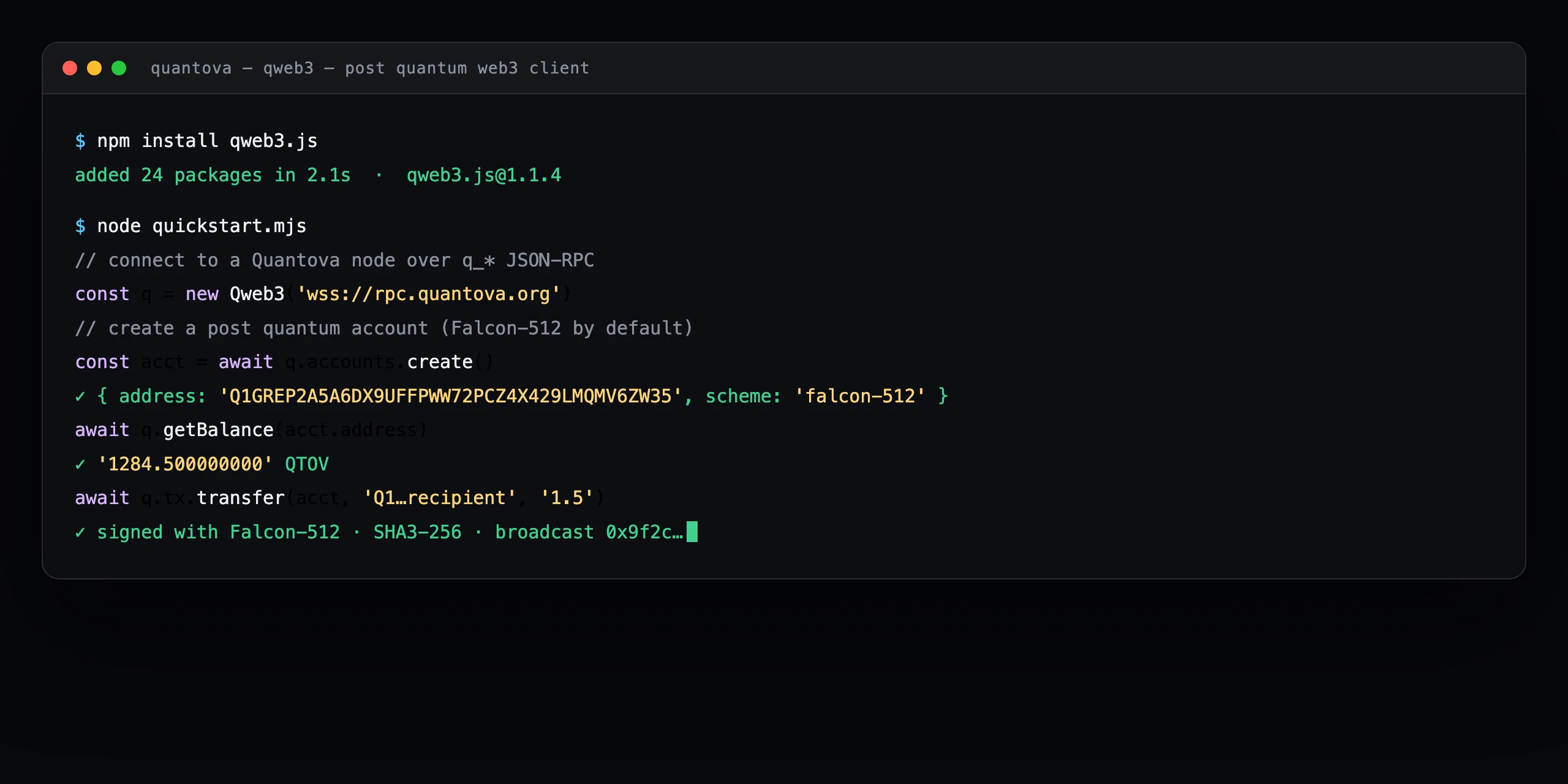 Terminal installing qweb3.js and creating a post quantum account that returns a Q1 address
